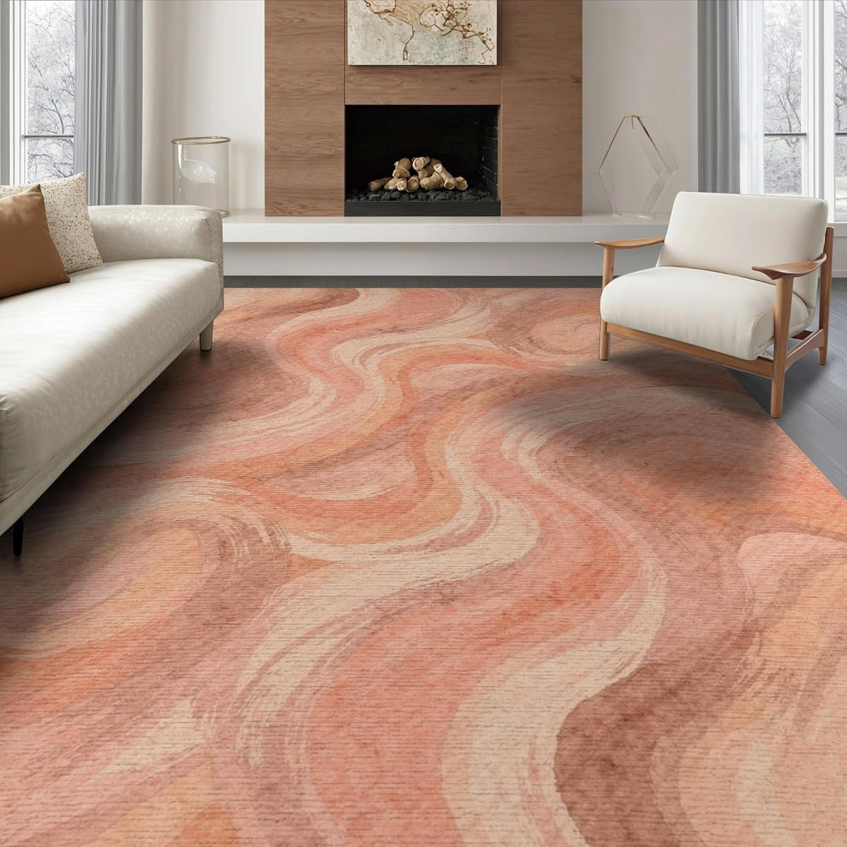 8'x10' Washable Flatwoven Rug, Coral Modern Abstract Stain Resistant Extra Large Carpet Non-Slip Chair-Friendly Mat for Dining Room, Large Office, Lounge | Ref:2164767