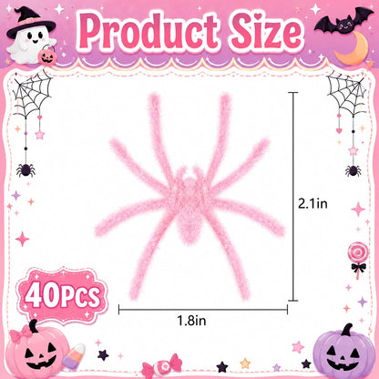 40 Pcs Halloween Mini Fuzzy Spider，Pink Flocking Fake Spiders