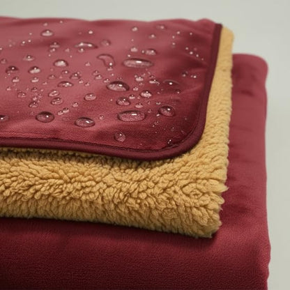 Waterproof Reversible Blanket - Leakproof Furniture Protector, Throw for Sofa, Bed, Car Seat, Couch Cover for People, Pets, Cats & Dogs - Machine Washable - Red Wine Flannel & Gold Sherpa (40” x 60”)