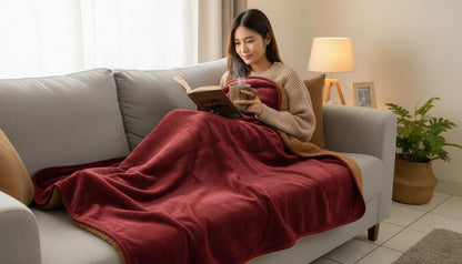 Waterproof Reversible Blanket - Leakproof Furniture Protector, Throw for Sofa, Bed, Car Seat, Couch Cover for People, Pets, Cats & Dogs - Machine Washable - Red Wine Flannel & Gold Sherpa (40” x 60”)