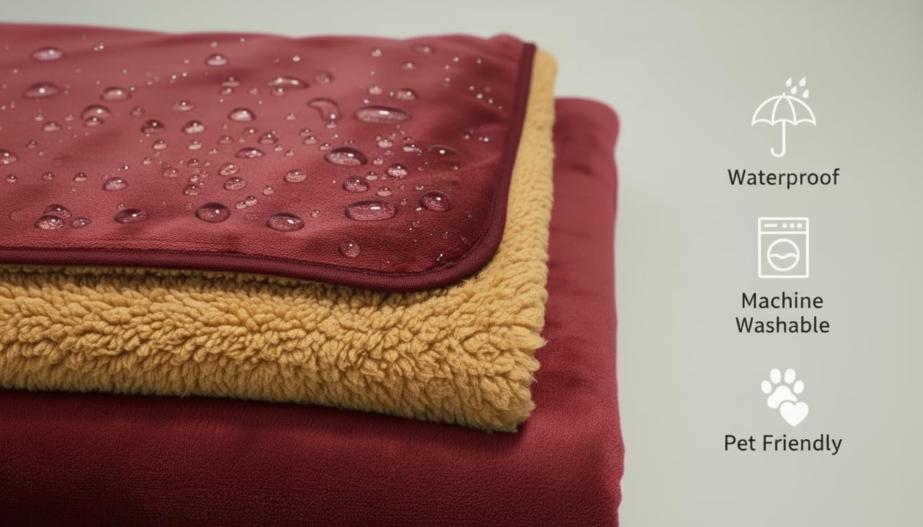 Waterproof Reversible Blanket - Leakproof Furniture Protector, Throw for Sofa, Bed, Car Seat, Couch Cover for People, Pets, Cats & Dogs - Machine Washable - Red Wine Flannel & Gold Sherpa (40” x 60”)