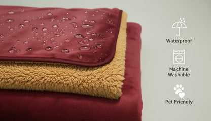 Waterproof Reversible Blanket - Leakproof Furniture Protector, Throw for Sofa, Bed, Car Seat, Couch Cover for People, Pets, Cats & Dogs - Machine Washable - Red Wine Flannel & Gold Sherpa (40” x 60”)