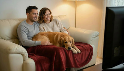 Waterproof Reversible Blanket - Leakproof Furniture Protector, Throw for Sofa, Bed, Car Seat, Couch Cover for People, Pets, Cats & Dogs - Machine Washable - Red Wine Flannel & Gold Sherpa (40” x 60”)