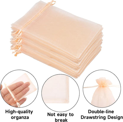 50Pcs Peach Organza Bags - 4x6 In Jewelry Drawstring Mesh Pouch, Sheer Party Favor Bags for DIY Craft, Gift Wrapping, Jewelry Packaging, Wedding Favor