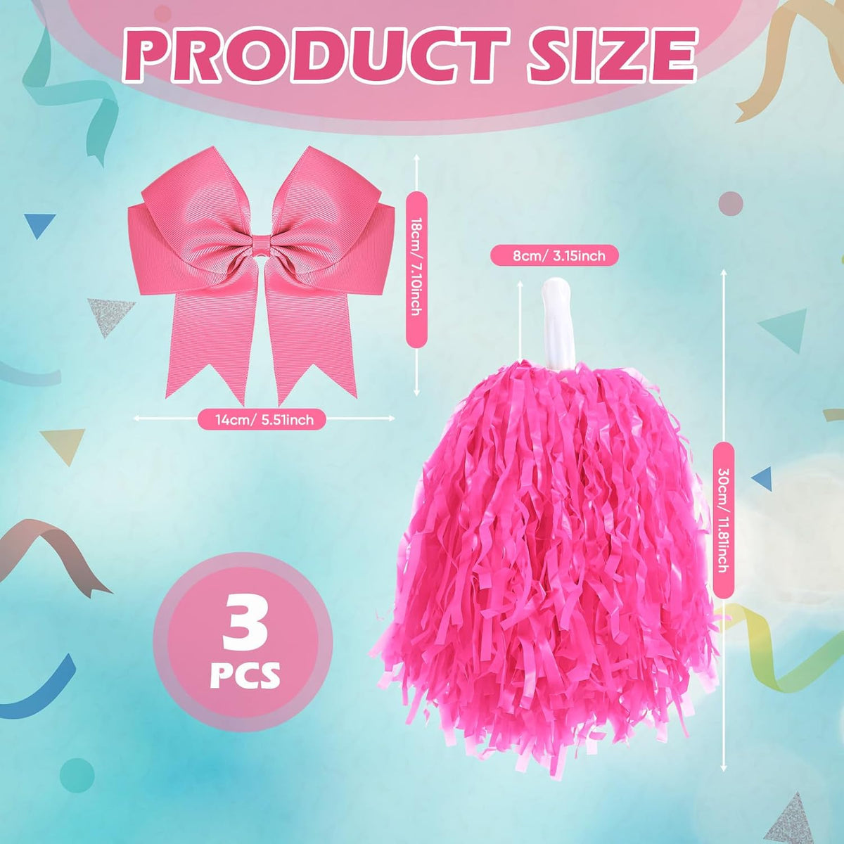 10 Inch Cheerleading Pom Poms with Hair Bow Set,Pink,Classic