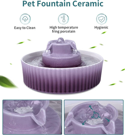 Ceramic Cat Water Fountain, Pet Ceramic Water Fountain, 2.1 L Drinking Fountains Bowl for Cats and Dogs with Replacement Filters and Foam(Purple)