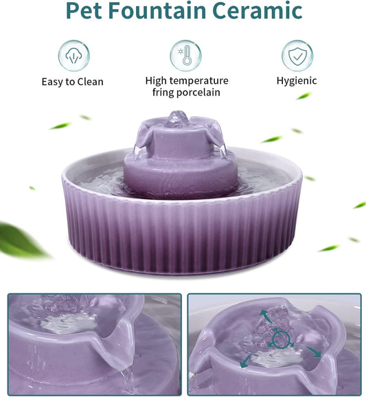 Ceramic Cat Water Fountain, Pet Ceramic Water Fountain, 2.1 L Drinking Fountains Bowl for Cats and Dogs with Replacement Filters and Foam(Purple)