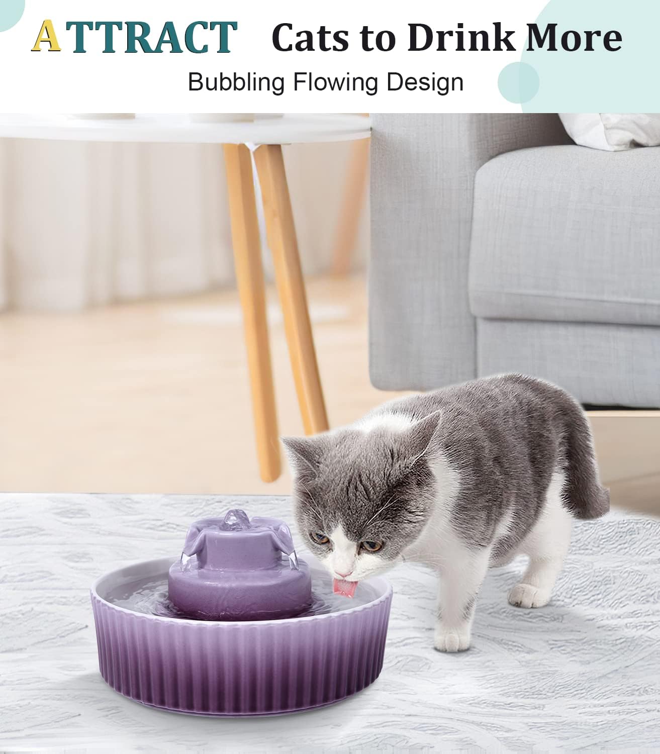 Ceramic Cat Water Fountain, Pet Ceramic Water Fountain, 2.1 L Drinking Fountains Bowl for Cats and Dogs with Replacement Filters and Foam(Purple)