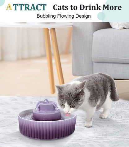 Ceramic Cat Water Fountain, Pet Ceramic Water Fountain, 2.1 L Drinking Fountains Bowl for Cats and Dogs with Replacement Filters and Foam(Purple)