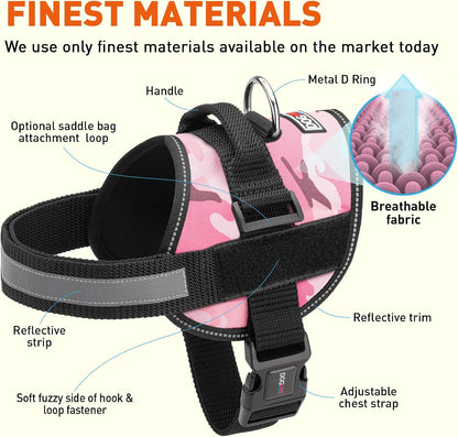 Dog Harness, Reflective No-Pull Adjustable Vest with Handle for Walking, Training, Breathable, No - Choke Harness for Small, Medium or Large Dogs Room for Patches Girth 15 to 18 in Pink Camo