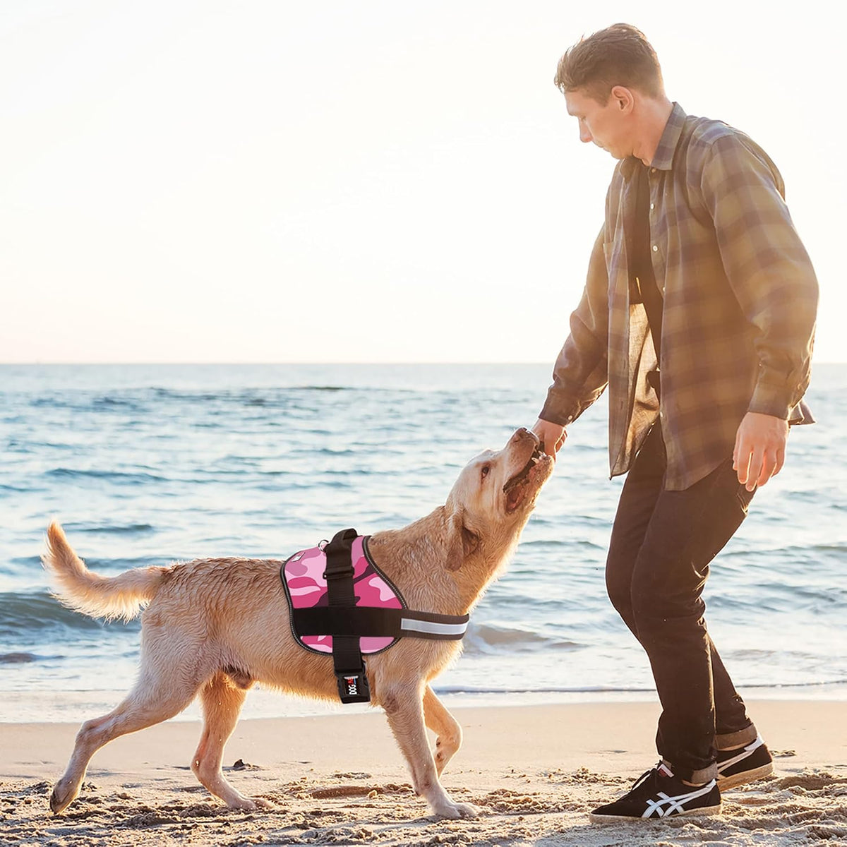 Dog Harness, Reflective No-Pull Adjustable Vest with Handle for Walking, Training, Breathable, No - Choke Harness for Small, Medium or Large Dogs Room for Patches Girth 15 to 18 in Pink Camo