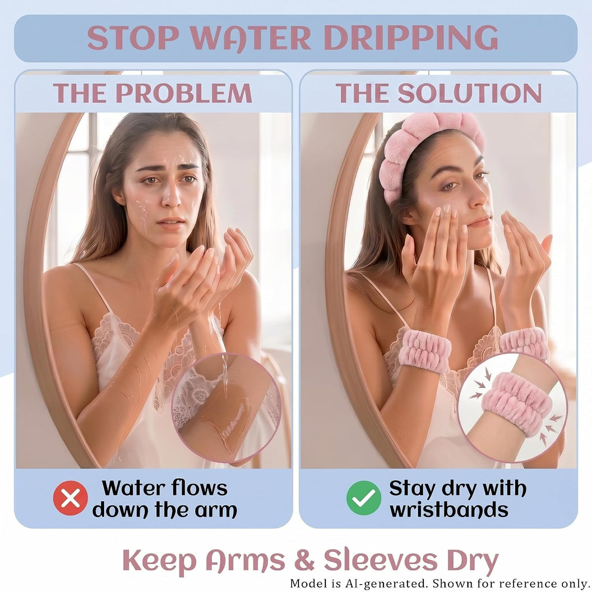 Makeup Headband for Washing Face Wristband Set, Pink