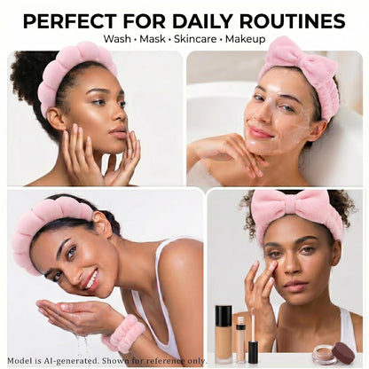 Makeup Headband for Washing Face Wristband Set, Pink