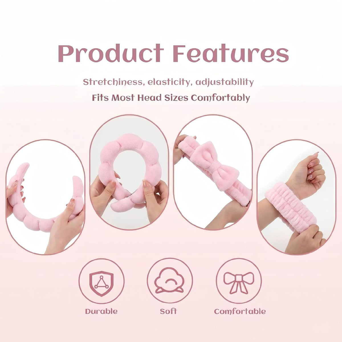Makeup Headband for Washing Face Wristband Set, Pink