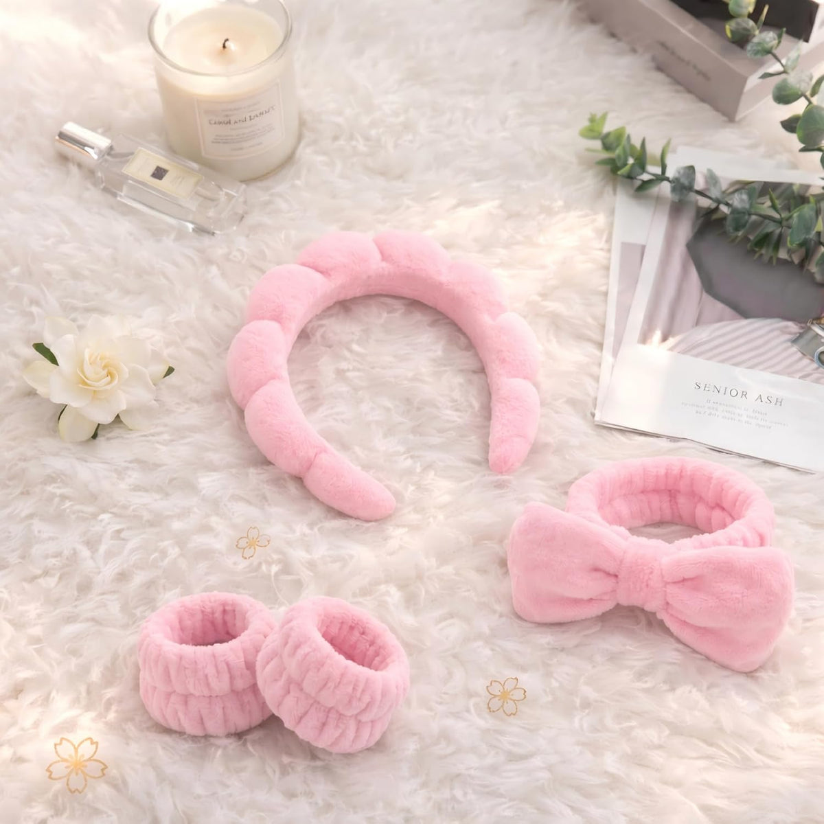 Makeup Headband for Washing Face Wristband Set, Pink