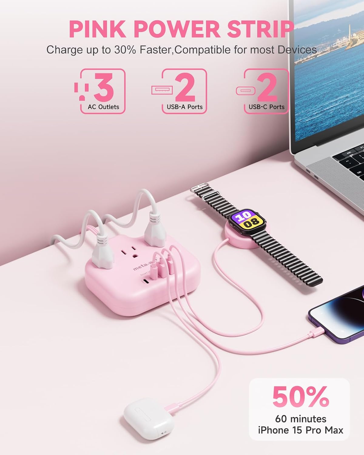 Pink Extension Cord with 3 AC Outlets & 4 USB Ports (2 USB-C), Pink Desk Accessories, 1625W Cute Extension Cord for Travel Curise Kawaii Desk Office Bedroom Accessories