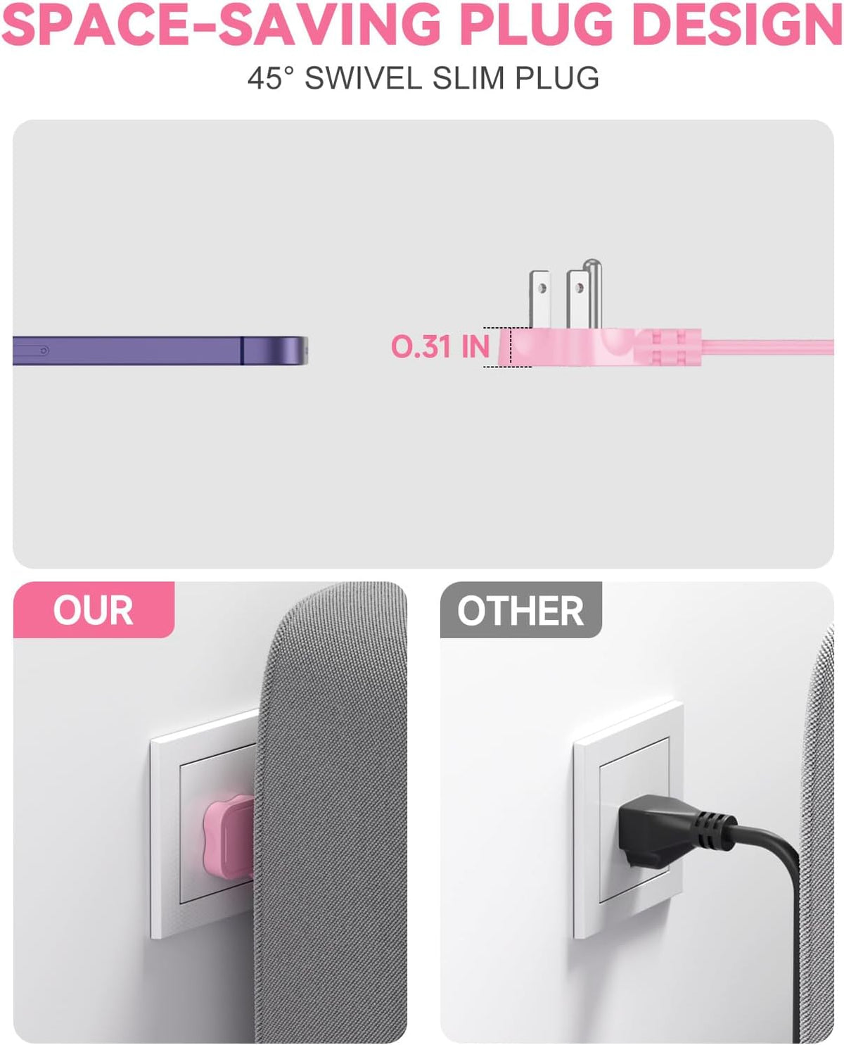 Pink Extension Cord with 3 AC Outlets & 4 USB Ports (2 USB-C), Pink Desk Accessories, 1625W Cute Extension Cord for Travel Curise Kawaii Desk Office Bedroom Accessories
