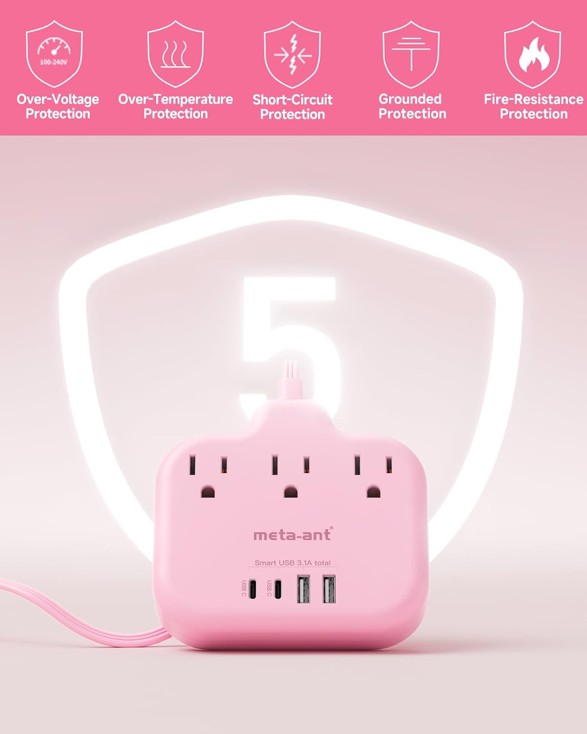 Pink Extension Cord with 3 AC Outlets & 4 USB Ports (2 USB-C), Pink Desk Accessories, 1625W Cute Extension Cord for Travel Curise Kawaii Desk Office Bedroom Accessories