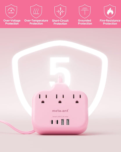 Pink Extension Cord with 3 AC Outlets & 4 USB Ports (2 USB-C), Pink Desk Accessories, 1625W Cute Extension Cord for Travel Curise Kawaii Desk Office Bedroom Accessories