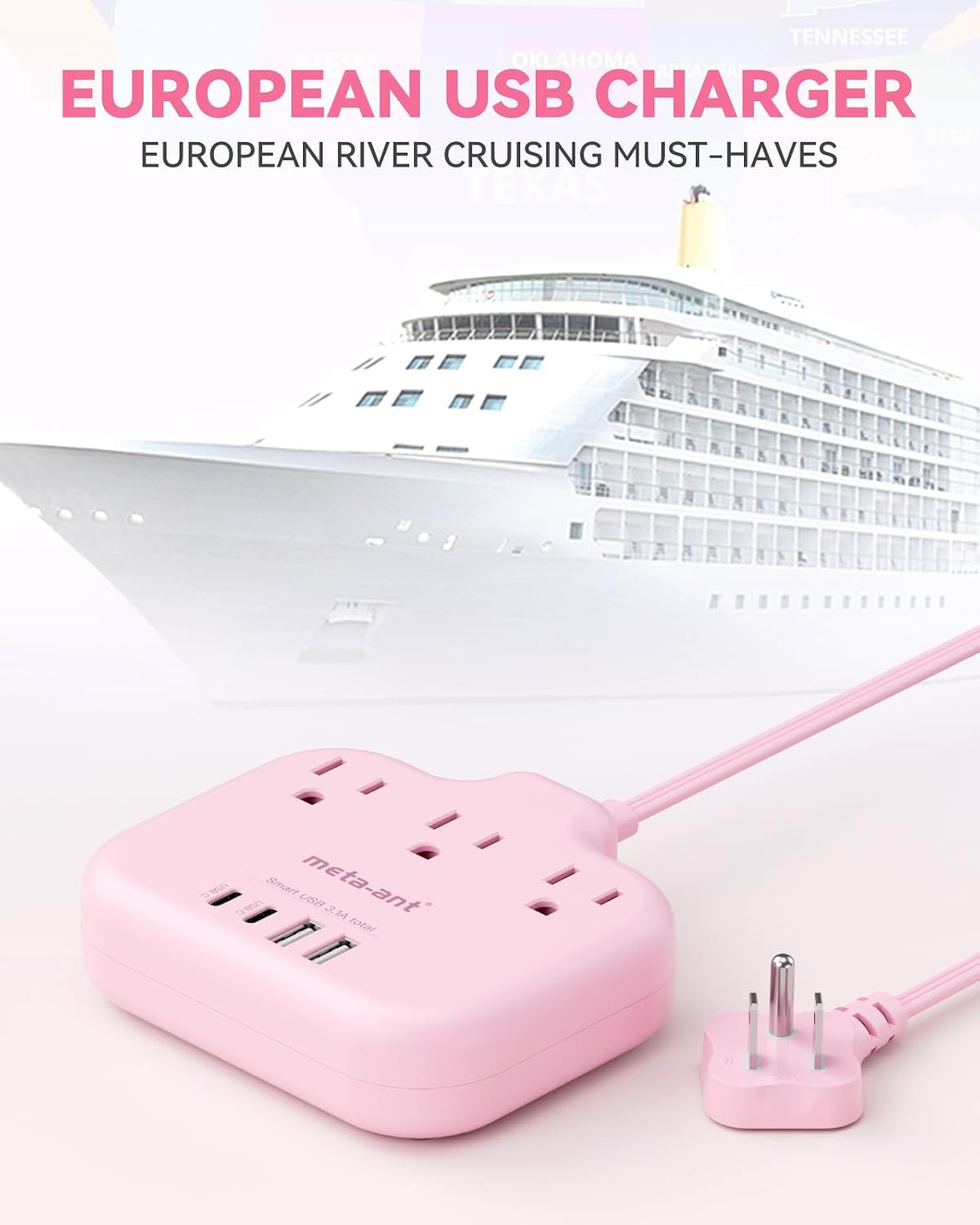 Pink Extension Cord with 3 AC Outlets & 4 USB Ports (2 USB-C), Pink Desk Accessories, 1625W Cute Extension Cord for Travel Curise Kawaii Desk Office Bedroom Accessories