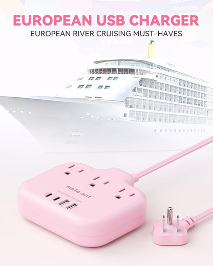 Pink Extension Cord with 3 AC Outlets & 4 USB Ports (2 USB-C), Pink Desk Accessories, 1625W Cute Extension Cord for Travel Curise Kawaii Desk Office Bedroom Accessories
