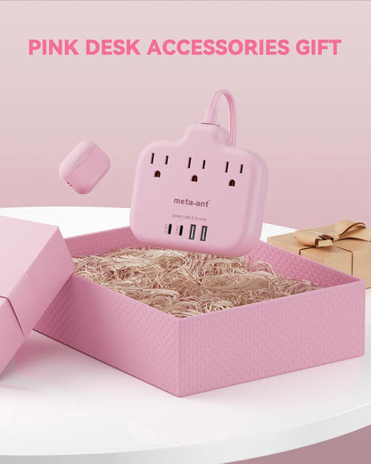 Pink Extension Cord with 3 AC Outlets & 4 USB Ports (2 USB-C), Pink Desk Accessories, 1625W Cute Extension Cord for Travel Curise Kawaii Desk Office Bedroom Accessories