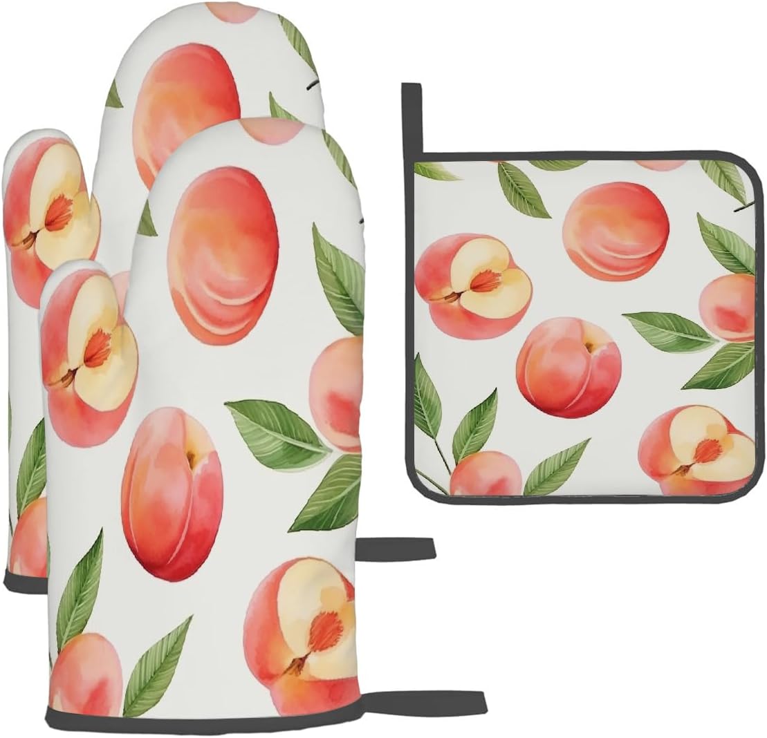 Oven Mitts and Pot Holders Set, Cute Peach Leaves Peach Heat Resistant BBQ Gloves Hot Pads, Kitchen Gloves Potholder for Cooking Baking Grilling