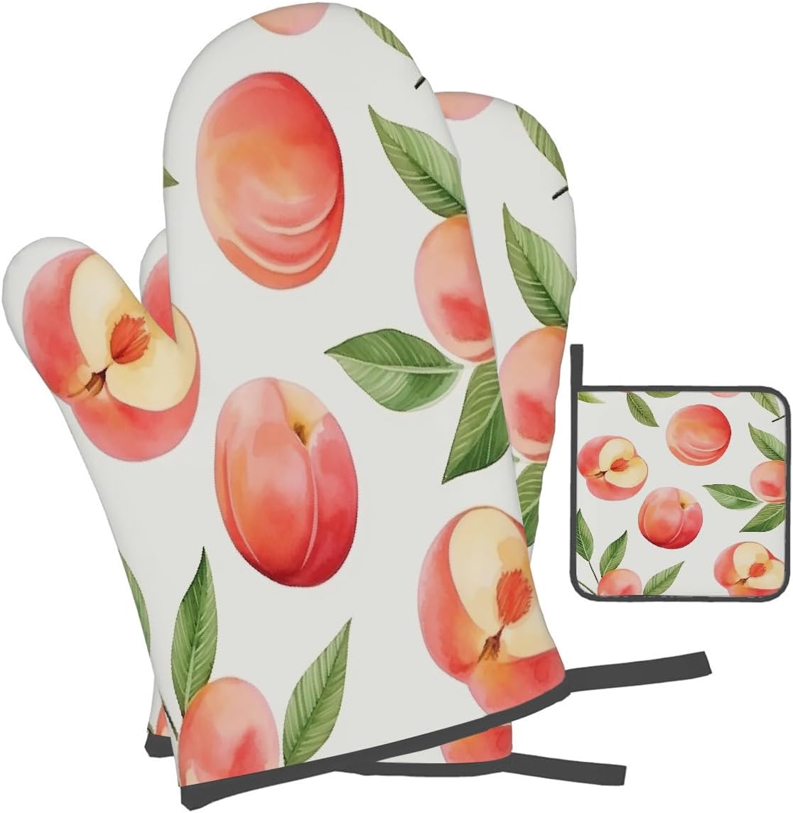 Oven Mitts and Pot Holders Set, Cute Peach Leaves Peach Heat Resistant BBQ Gloves Hot Pads, Kitchen Gloves Potholder for Cooking Baking Grilling