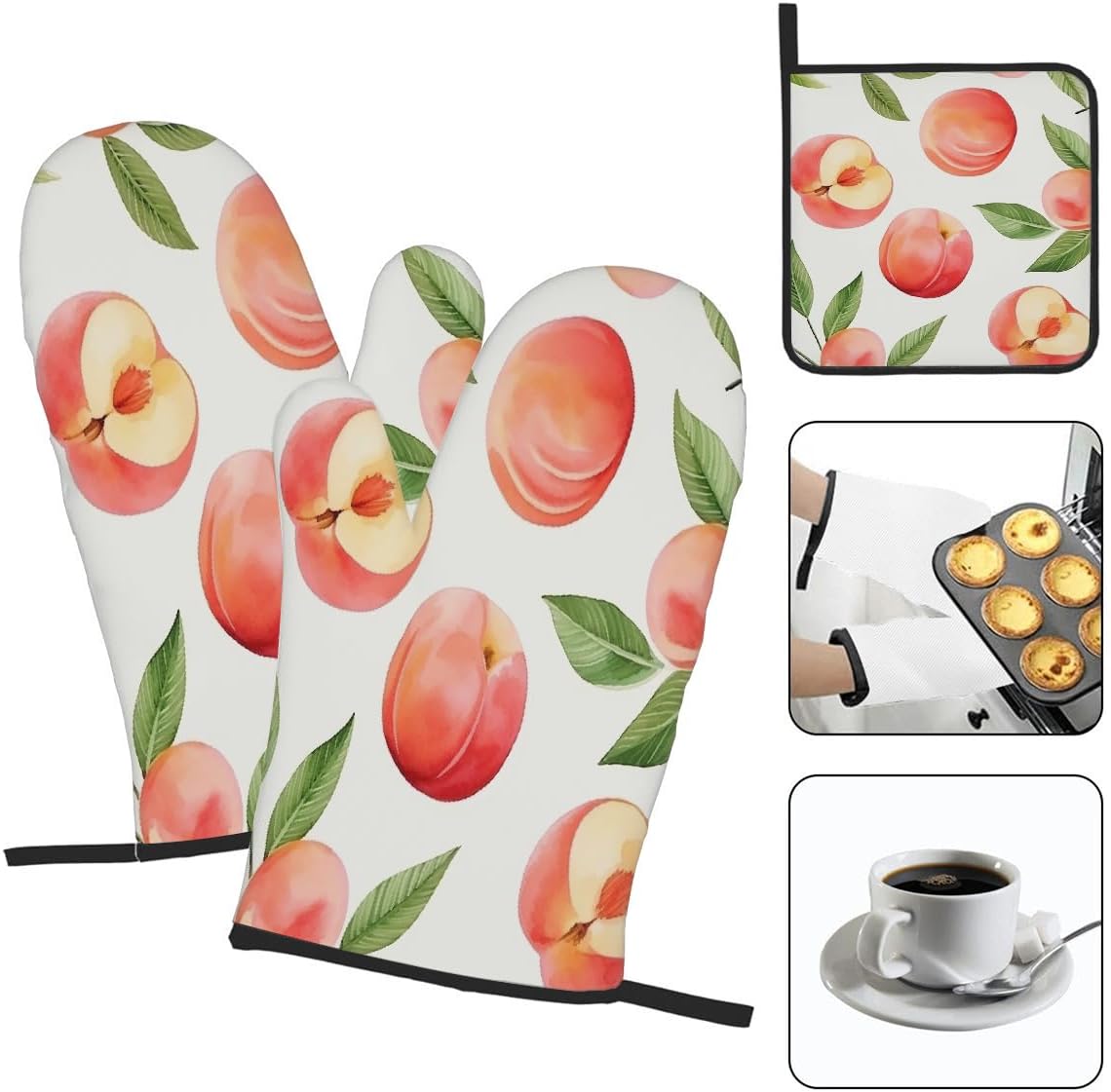 Oven Mitts and Pot Holders Set, Cute Peach Leaves Peach Heat Resistant BBQ Gloves Hot Pads, Kitchen Gloves Potholder for Cooking Baking Grilling