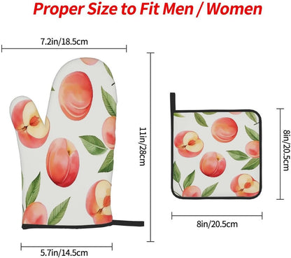 Oven Mitts and Pot Holders Set, Cute Peach Leaves Peach Heat Resistant BBQ Gloves Hot Pads, Kitchen Gloves Potholder for Cooking Baking Grilling