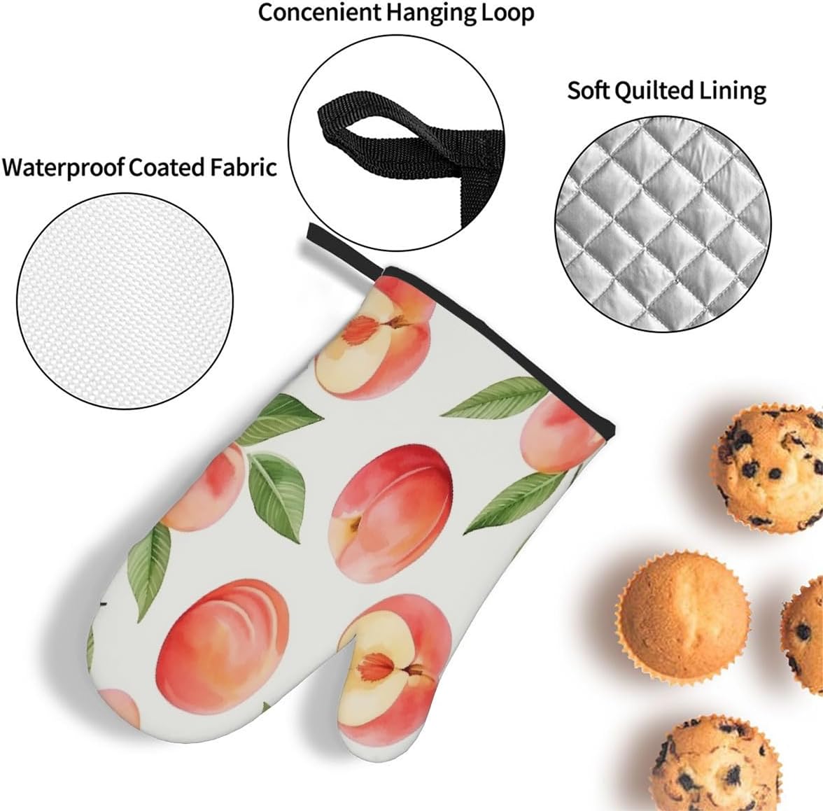 Oven Mitts and Pot Holders Set, Cute Peach Leaves Peach Heat Resistant BBQ Gloves Hot Pads, Kitchen Gloves Potholder for Cooking Baking Grilling