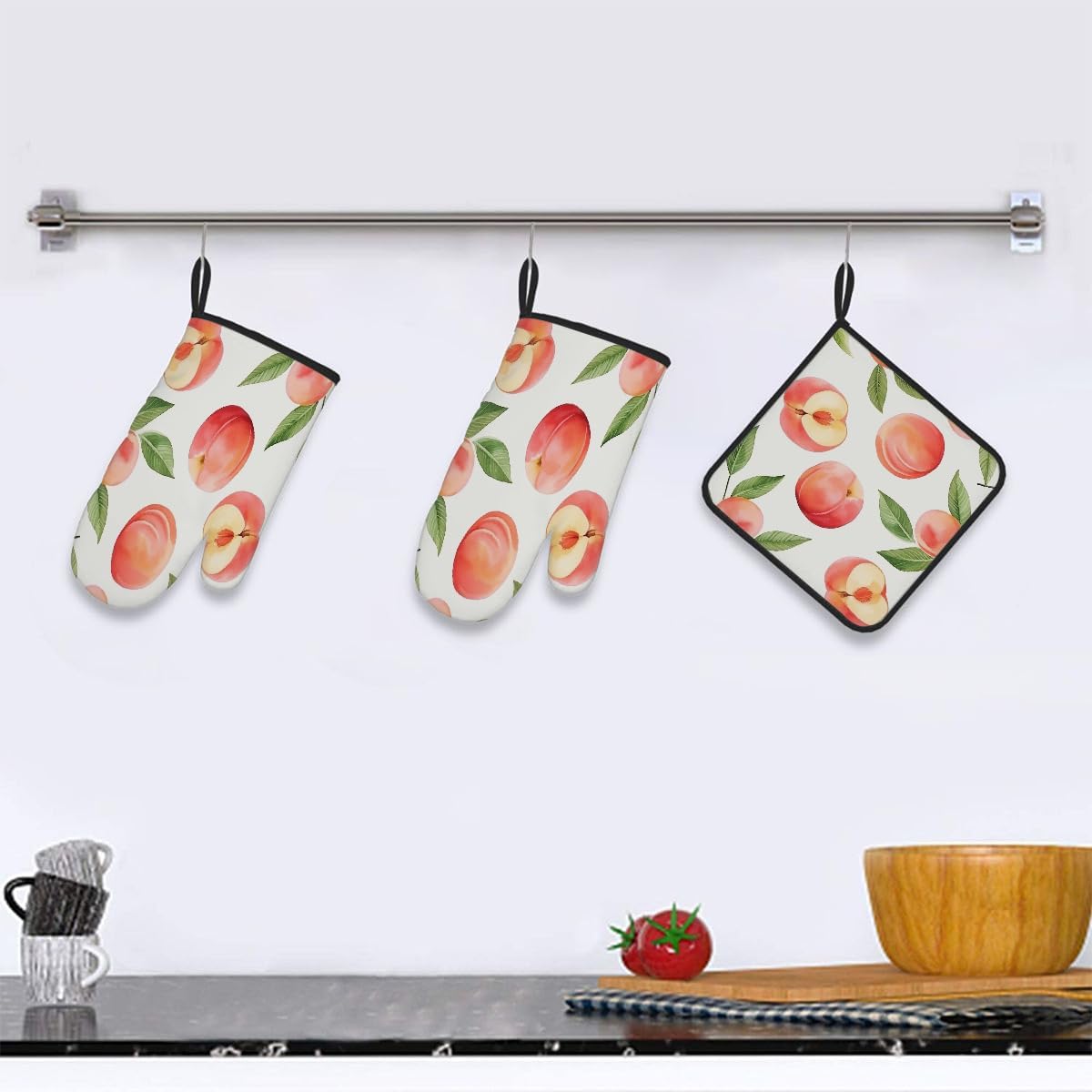Oven Mitts and Pot Holders Set, Cute Peach Leaves Peach Heat Resistant BBQ Gloves Hot Pads, Kitchen Gloves Potholder for Cooking Baking Grilling