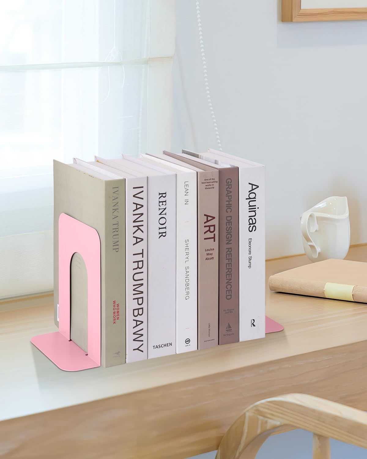 Honagu Bookends, Metal Book Ends, Bookends for Shelves, Book Holder Stopper for Heavy Books/CDs/DVDs (1 Pair/2 Pieces, Pink)