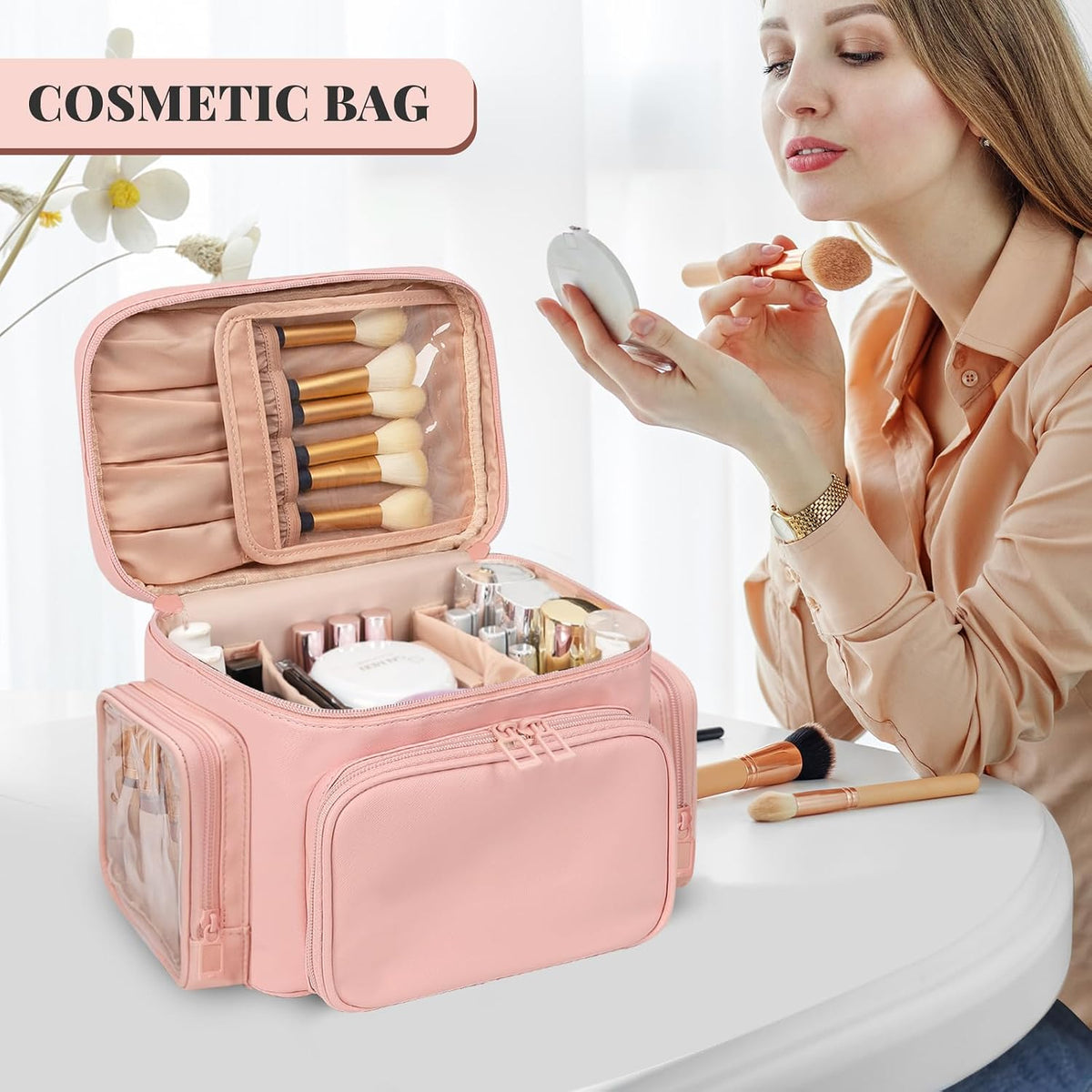 Bagmoly Large Makeup Bag, Travel Makeup Cosmetic Bag for Girls, Pink
