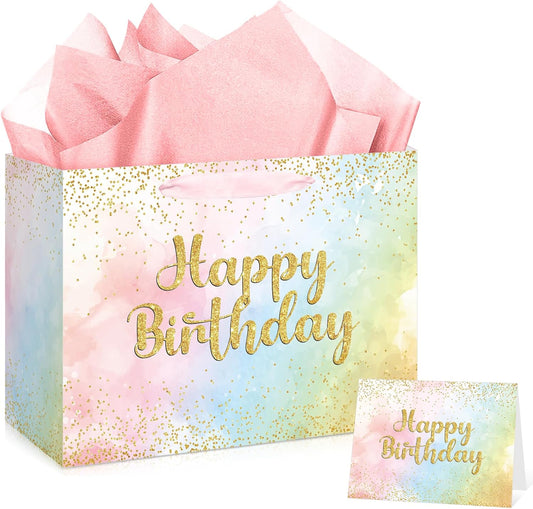 Large Pastel Birthday Gift Bag for Girls Women Pink Watercolor Happy Birthday Bag with Wrapping Paper Card Gold Glitter Rainbow Pastels Paper Bag for Kids Colorful Bday Party Supplies