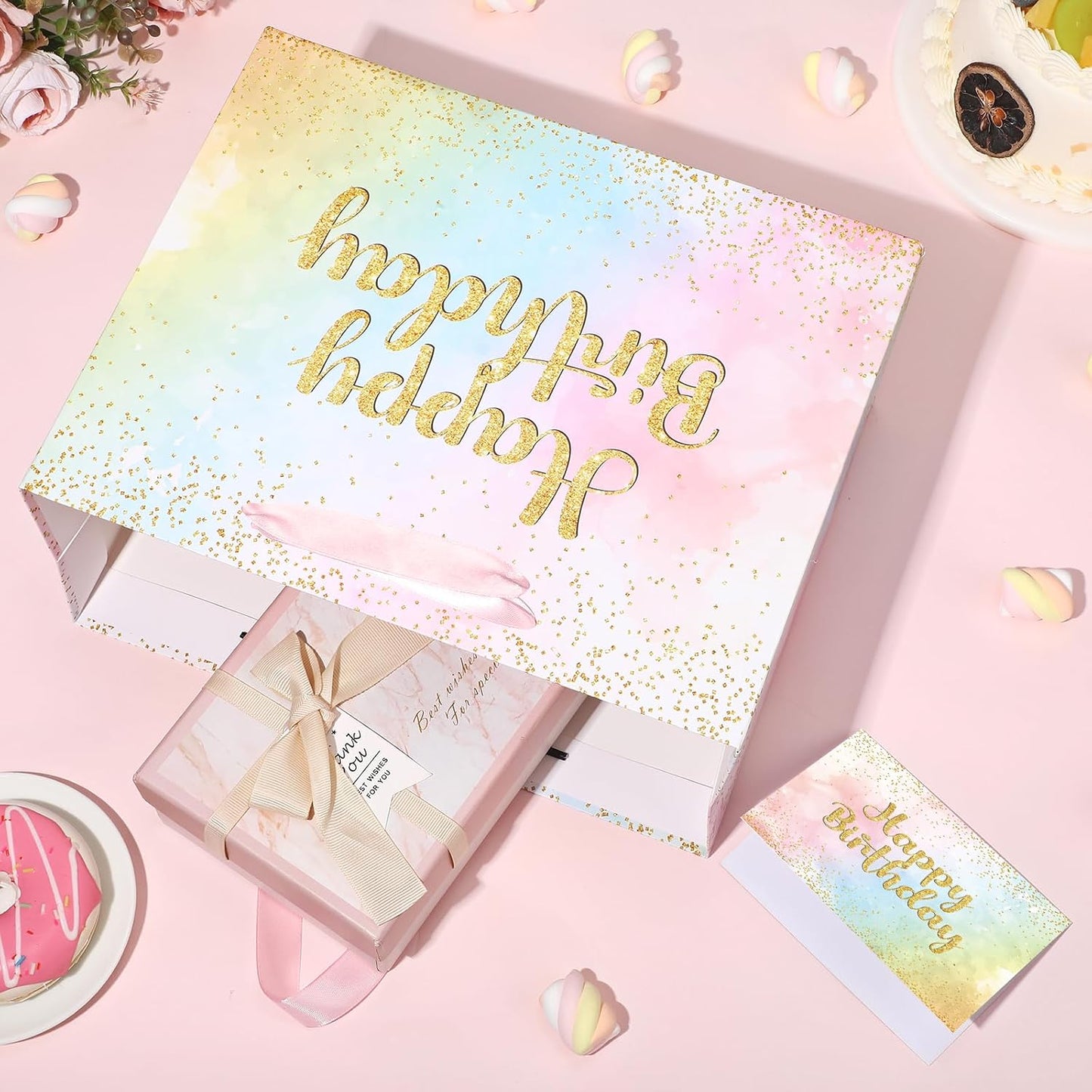 Large Pastel Birthday Gift Bag for Girls Women Pink Watercolor Happy Birthday Bag with Wrapping Paper Card Gold Glitter Rainbow Pastels Paper Bag for Kids Colorful Bday Party Supplies