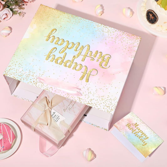 Large Pastel Birthday Gift Bag for Girls Women Pink Watercolor Happy Birthday Bag with Wrapping Paper Card Gold Glitter Rainbow Pastels Paper Bag for Kids Colorful Bday Party Supplies