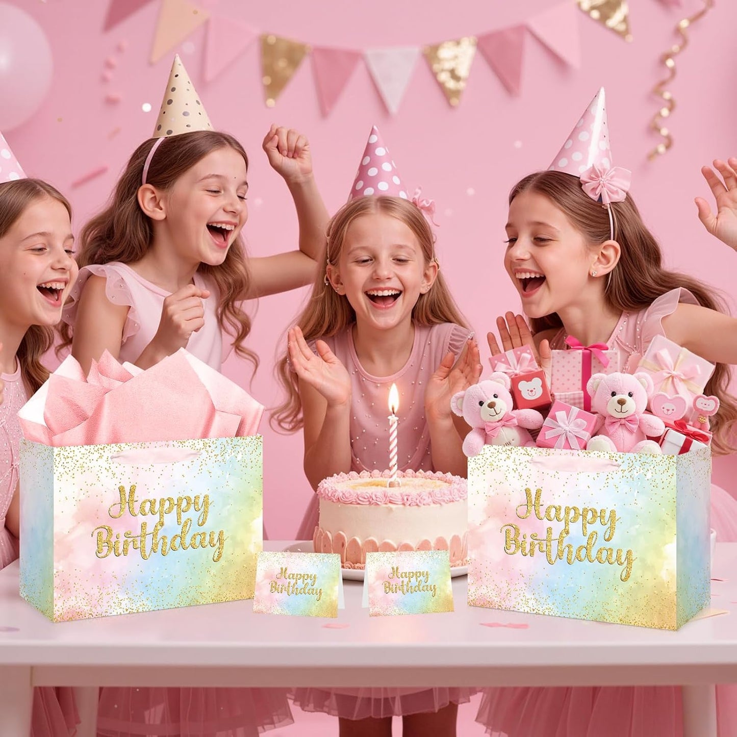 Large Pastel Birthday Gift Bag for Girls Women Pink Watercolor Happy Birthday Bag with Wrapping Paper Card Gold Glitter Rainbow Pastels Paper Bag for Kids Colorful Bday Party Supplies