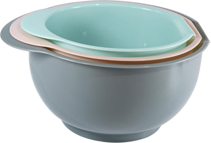 Nesting Plastic Mixing Bowls, Set Of 3, 1.5 quart, 2 quart, 2.5quart, Nesting Bowls with Non Slip Base and Easy Pour Spout, Dishwasher Safe (Green Pink Grey)