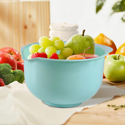 Nesting Plastic Mixing Bowls, Set Of 3, 1.5 quart, 2 quart, 2.5quart, Nesting Bowls with Non Slip Base and Easy Pour Spout, Dishwasher Safe (Green Pink Grey)