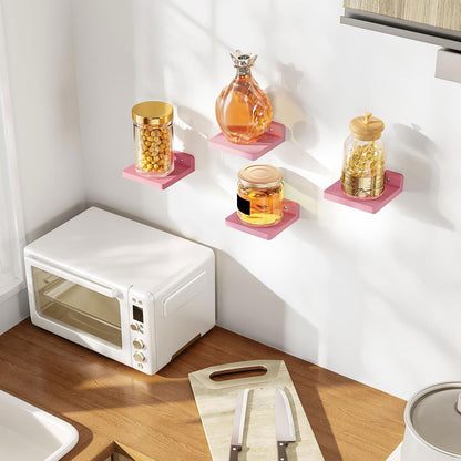 Pink 5 Inch Floating Shelves, Set of 4 Small Wood Wall Shelf Unit