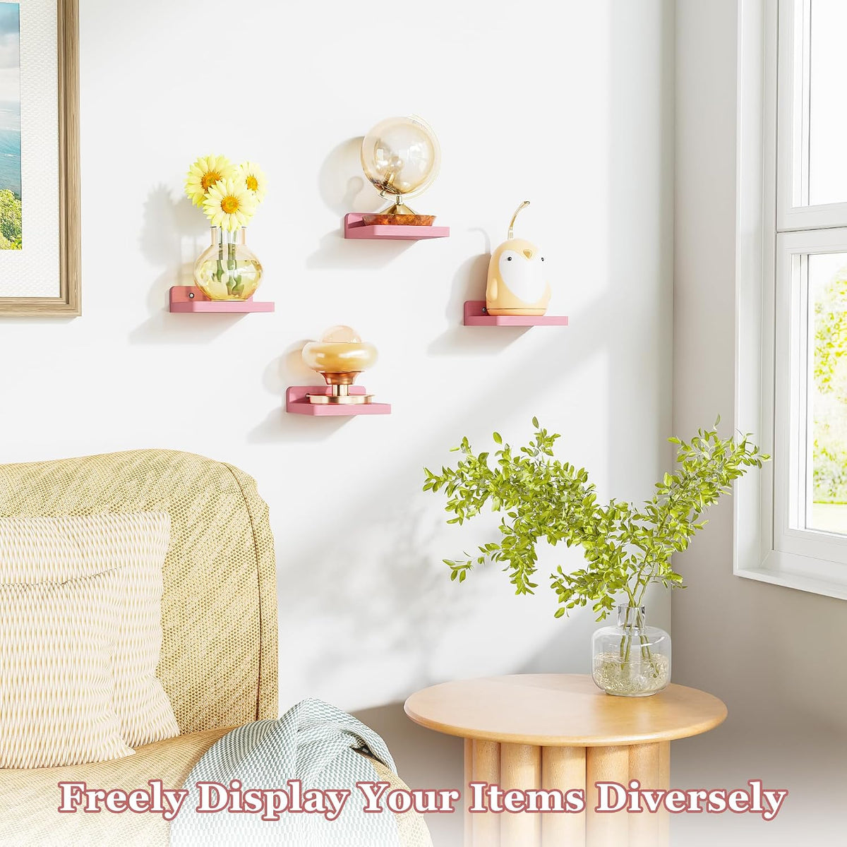 Pink 5 Inch Floating Shelves, Set of 4 Small Wood Wall Shelf Unit