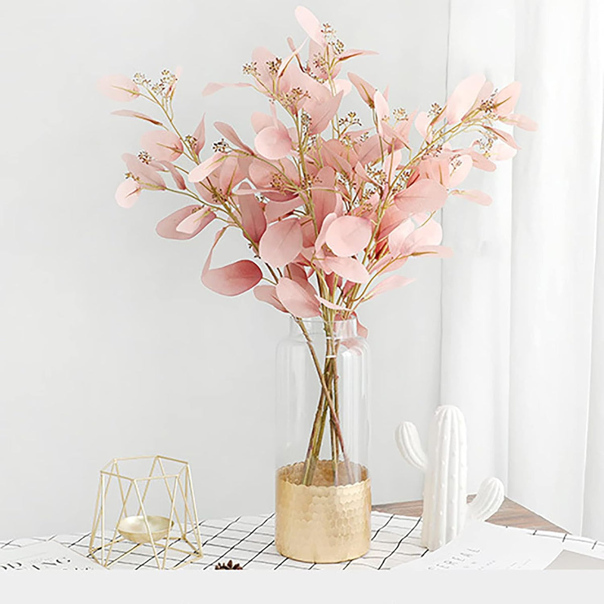 4pcs Faux Eucalyptus Branches Pink Flower Artificial Eucalyptus Seeds Long Stem Eucalyptus for Vase Filling Home Decoration Wedding Party Arrangement