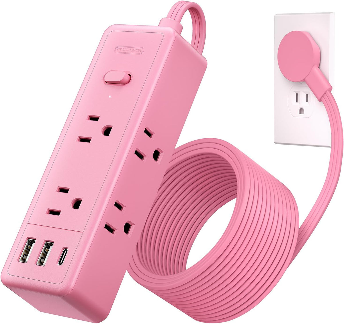 Pink Extension Cord 10ft, 1080 Joules Surge Protector Power Strip