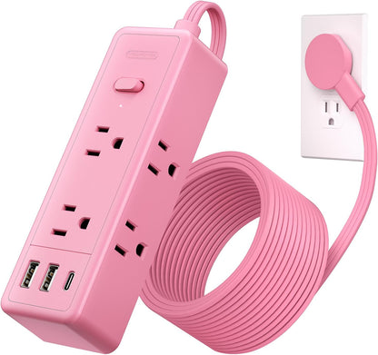 Pink Extension Cord 10ft, 1080 Joules Surge Protector Power Strip