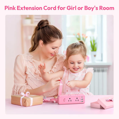 Pink Extension Cord 10ft, 1080 Joules Surge Protector Power Strip
