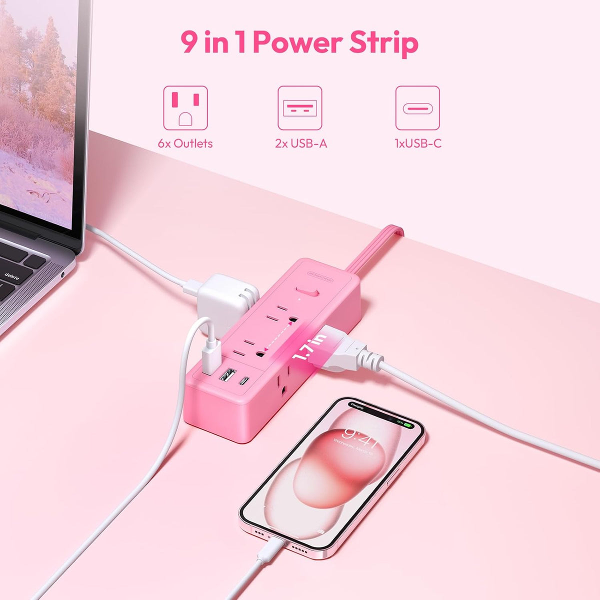Pink Extension Cord 10ft, 1080 Joules Surge Protector Power Strip