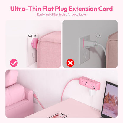 Pink Extension Cord 10ft, 1080 Joules Surge Protector Power Strip