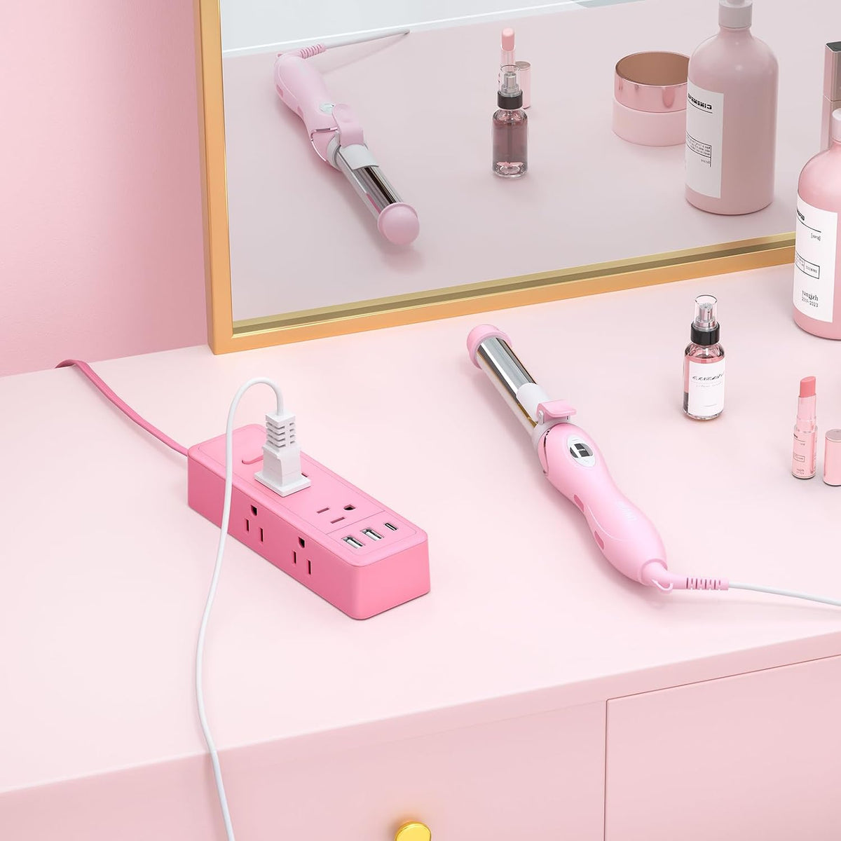 Pink Extension Cord 10ft, 1080 Joules Surge Protector Power Strip
