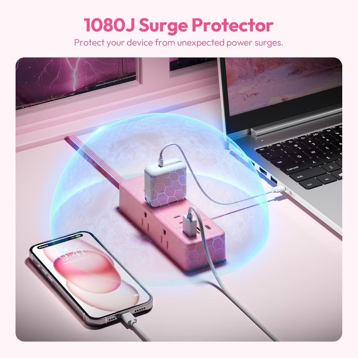 Pink Extension Cord 10ft, 1080 Joules Surge Protector Power Strip